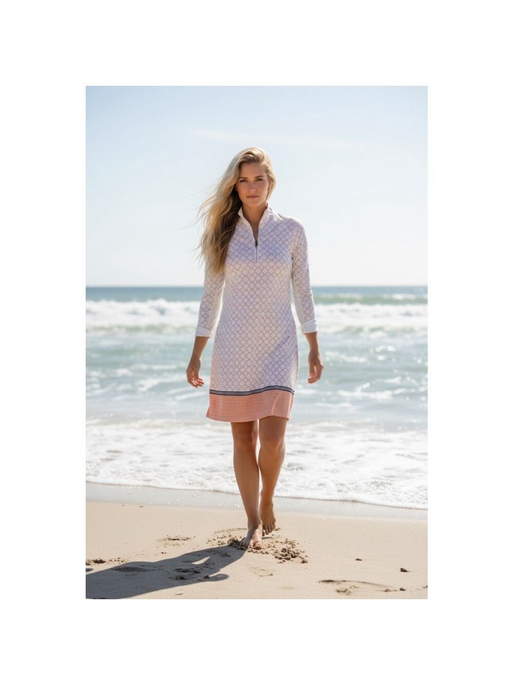 Women's CABANA LIFE Amelia Island Long Sleeve Dress Size Small White/Orange/Blue
